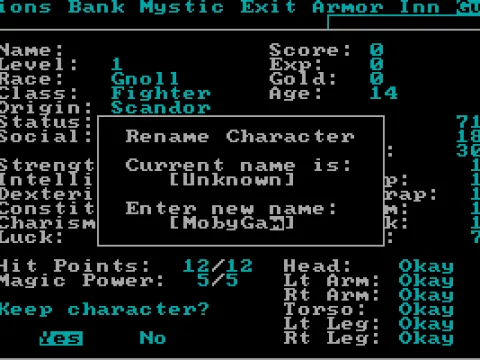 
											Character stats, name