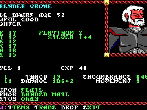 
											Character status screen