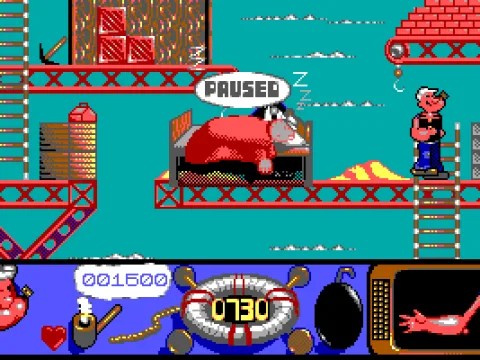
											The pause screen shows a sleeping Popeye.