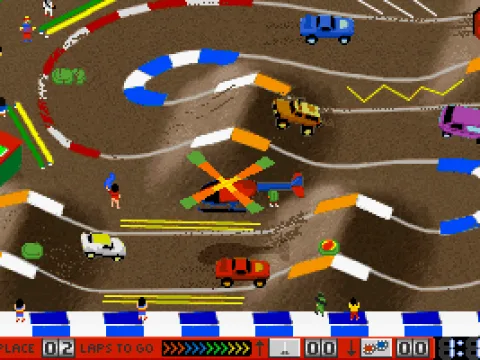 
											The arena, a helicopter throws nitro power-ups onto the track