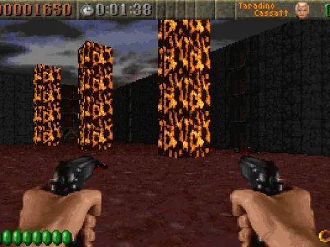
											Moving lava columns can be used strategically to dispatch enemies without wasting ammo. Guns have unlimited ammo, but getting a certain bonus requires that the player not use them.