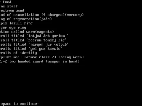 
											Your inventory, late in the game. Note that most of the magical items are unidentified.