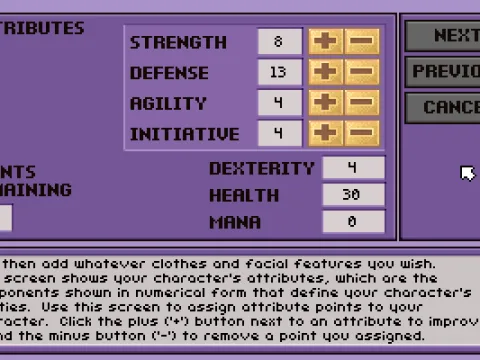 
											The attributes screen, indicating some of the underlying mechanics