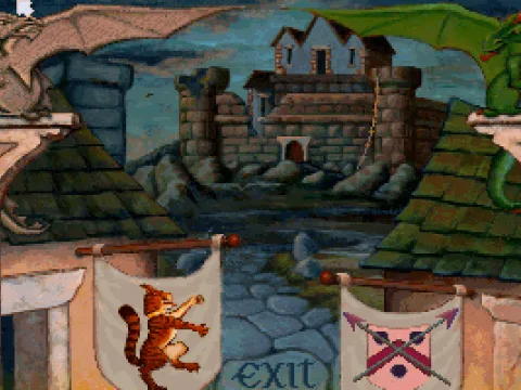
											The first screen after picking a character, with four clickable elements.