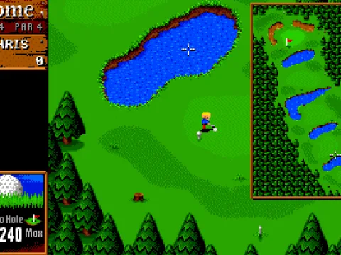 
											Left: map. Middle: Golfer pondering water hazard.