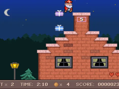 
											Jumping over rooftops, pick up presents and they will follow you
