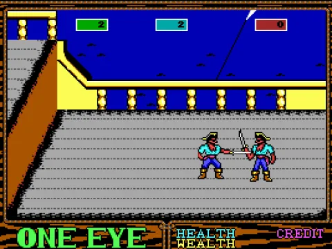 
											In the hotseat-style two-player mode, players don't go through a level simultaneously but one after another, then duel each other for the level's treasure.