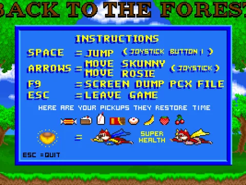 
											The Instructions option from the main menu brings up this single screen. The objective is to free squirrels by disposing of toads but there's no FIRE button, Skunny must jump on them