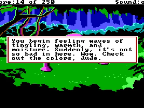 
											One of the many, many ways to die: step close to a giant mushroom and you'll be drugged to death, accompanied by elaborate and funny messages