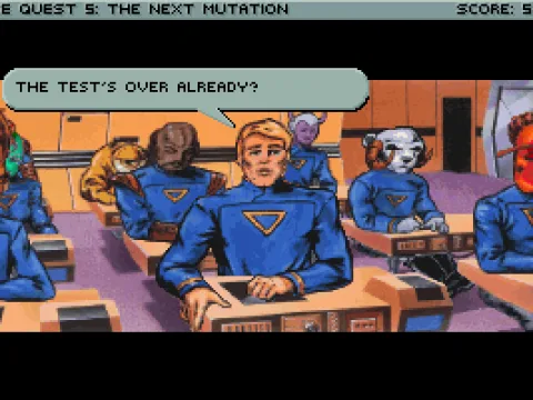 
											Roger is taking an exam! But adventure game heroes always cheat, so relax