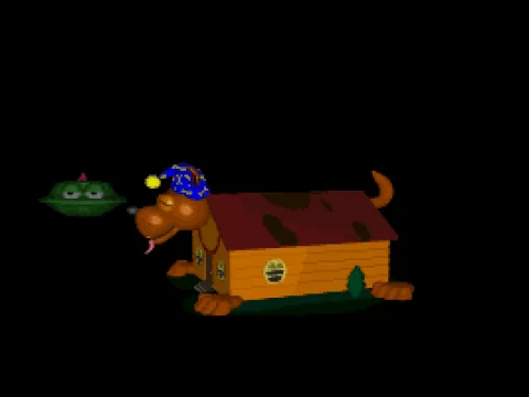 
											Cut-scene: Buzzing the house with your flying saucer reveals the house to be... a sleepy doghouse!