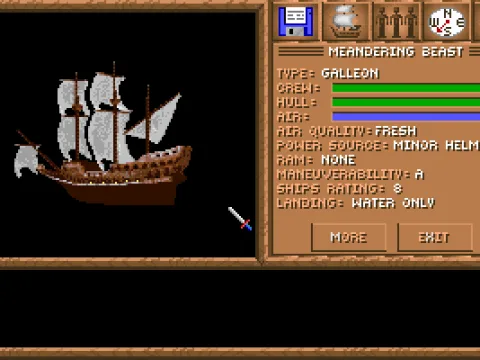 
											Ship Info - this screen provides information about your current vessel. Later in the game, you may acquire many other different ships.