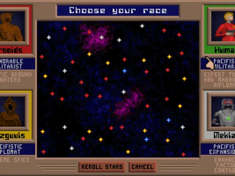 
											Race selection. The game randomly generates a galaxy and offers a selection of four races.