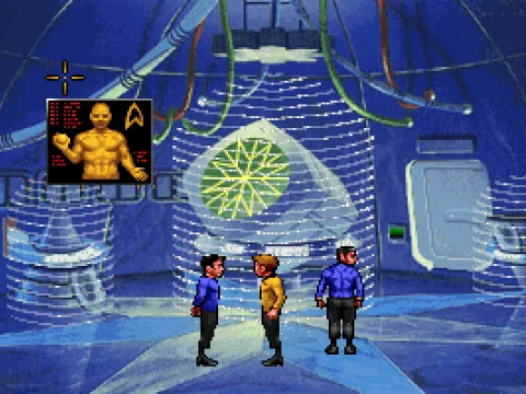 
											Kirk, Spock and McCoy survey an alien location in the SENTINEL episode (note the Golden Boy interface: you choose all your commands from it)