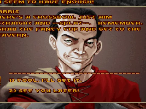 
											This guy is a quest-giver. He explains to you what he wants. He gives you a crossbow if you talk to him. The writing is actually pretty good