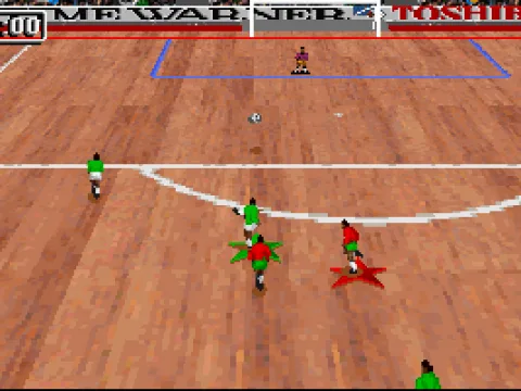 
											The striker shoots at goal in an indoor match.