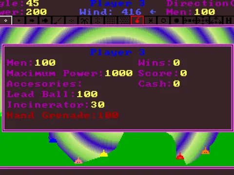 
											The players are dropped onto the screen. Each is identified by a separate colour. By clicking on any tank it's stats can be displayed