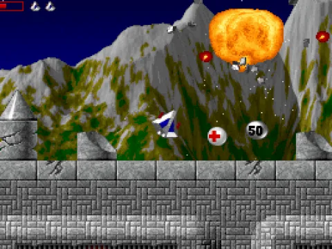 
											Enemies blow up very satisfyingly, and leave behind power-ups.