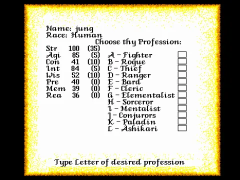 
											Character creation (Base stats and class)