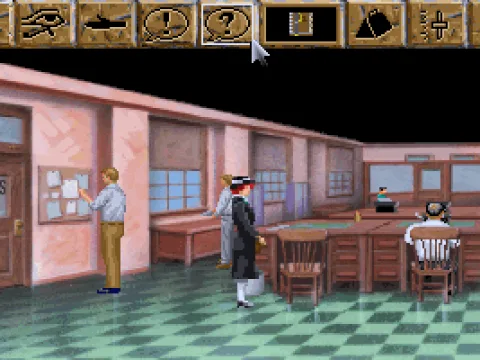 
											The game starts here. Above is the traditional Sierra interaction menu