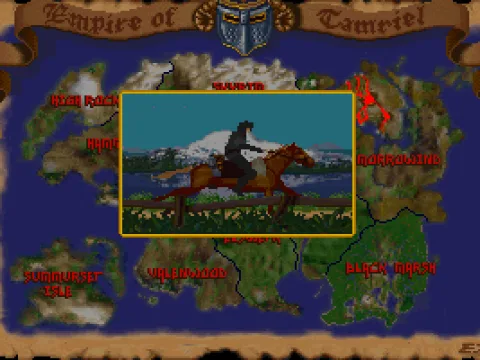 
											Traveling screen shows you riding a horse with the map of entire Tamriel as the background