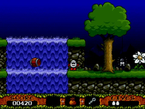 
											Jump on the barrels to cross the falls