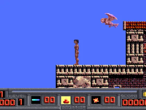 
											The start of the Grecian labyrinth level. There's a crystal on the right but there's a wall in the way. The flying harpy drops firebombs so best move away from here - quickly