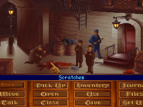 
											Holmes examines the victim. You've got to discover details like scratches and marks.