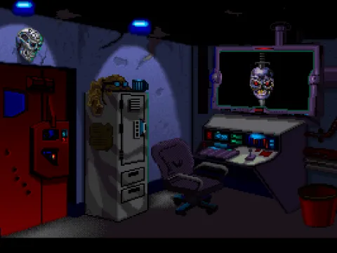 
											This is the main menu where you pick what you'd like to do. The monitor is where you load and save games and make characters, the door leads to missions and the bucket makes you bail to DOS.