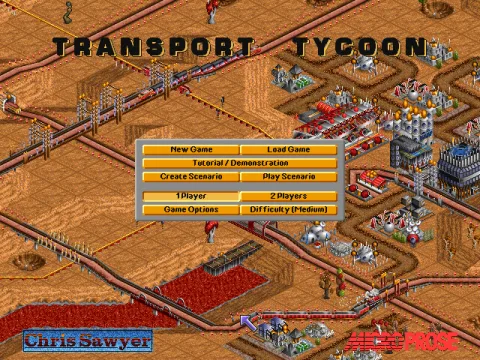 
											Main Menu of Transport Tycoon with the new added buttons for the Scenario Editor and a view on the new martian environment.