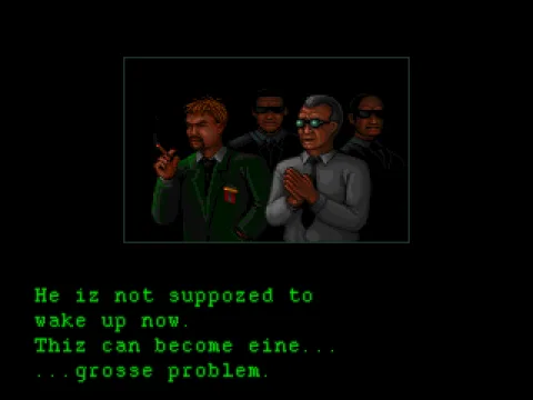 
											A scene from the intro. Like all stereotypical foreigners, even though this guy can speak perfect English, he must fall back on German for the simplest words.