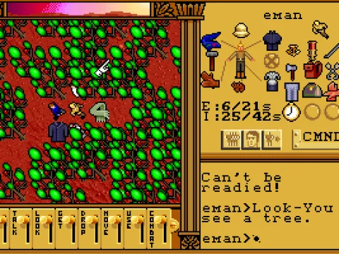 
											Example of interactivity: dropped clothes all over the forest path. Note the exotic trees