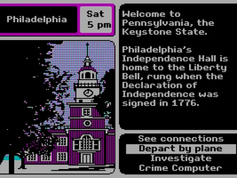 
											In the great state of Pennsylvania. The info box on the right shows some facts about the state that you are in.  (CGA with RGB monitor)
