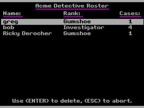 
											The ACME Detective Roster. (CGA with RGB monitor)