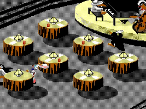 
											Roger must collect all the pieces of paper from the table. Avoid the gorilla bouncer (EGA)