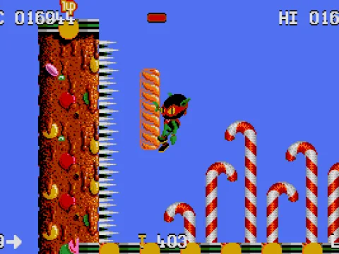 
											Interstellar ninja Zool can cling to walls. Consequently, the game features vertical platforms.