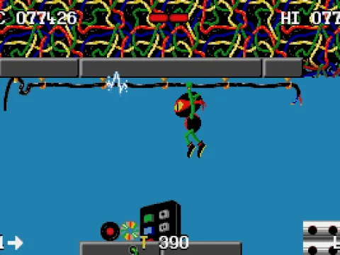 
											Zool clings to a cable to avoid ground enemies - but he better beware the spark!