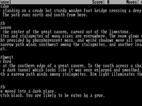 
											It is pitch black; you are likely to be eaten by a grue.