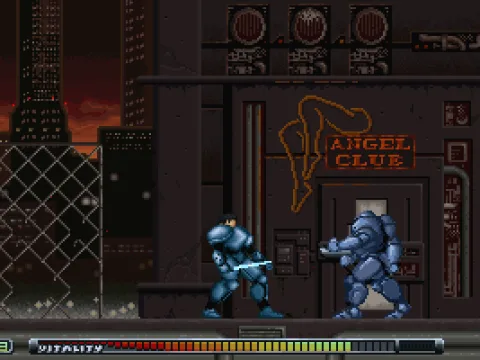 
											Fighting robots in front of a club