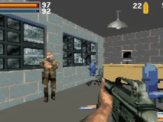 
											Fighting in a computer room. The chairs actually swivel when they are hit.
