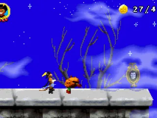 
											First enemy is a walking pumpkin.