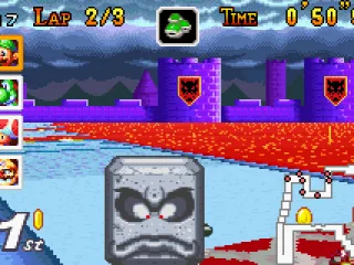 
											Being squashed by a thwomp, a frequent hazard on the tracks with a Bowser Castle theme.