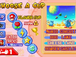 
											Cup selection (with 4 tracks per cup). The extra tracks are unlocked by winning the regular cups twice and collecting 100 coins in your second attempt.