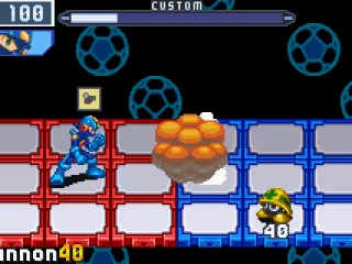
											Mega Man blasts a Mettaur with a cannon