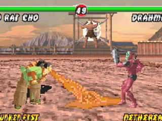 
											Trying to crush Drahmin's guard, Bo' Rai Cho attacks using his spitting-based move Puke Puddle.