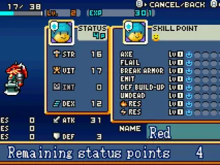 
											When you level up, you can place points in your stats and in your weapon skills