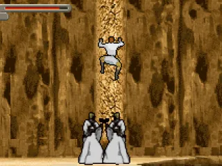 
											Going up a rock column, Luke escapes from double danger.