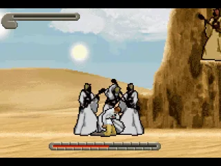 
											The young Skywalker being defeated by a Sand People gang (as the gang boss observes the torture from above)...