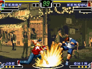 
											Kensou walks a lot to attack Terry, but he is suddenly stopped after be damaged by the Round Wave.