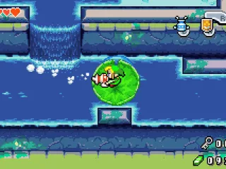 
											In the first dungeon. The Gust Jar usually sucks in things or enemies, but here it is used to navigate the leaf through the water.